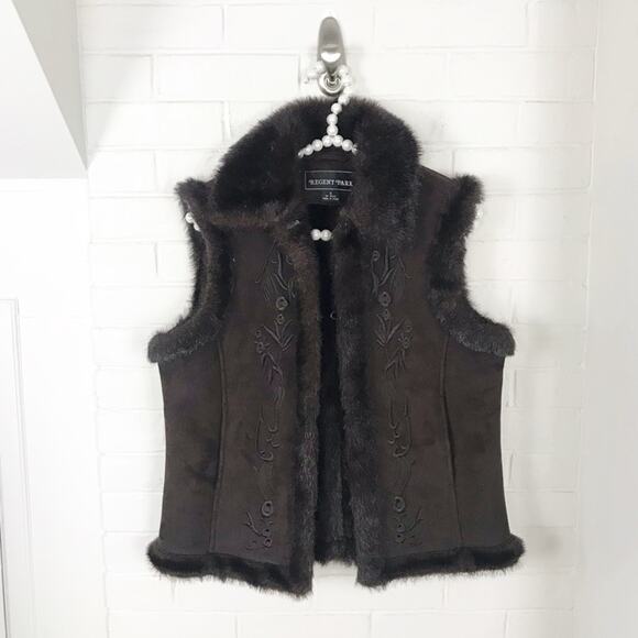 Vintage Regent Park Faux Suede Faux Fur Brown Embroidered Vest Size S - Picture 1 of 14